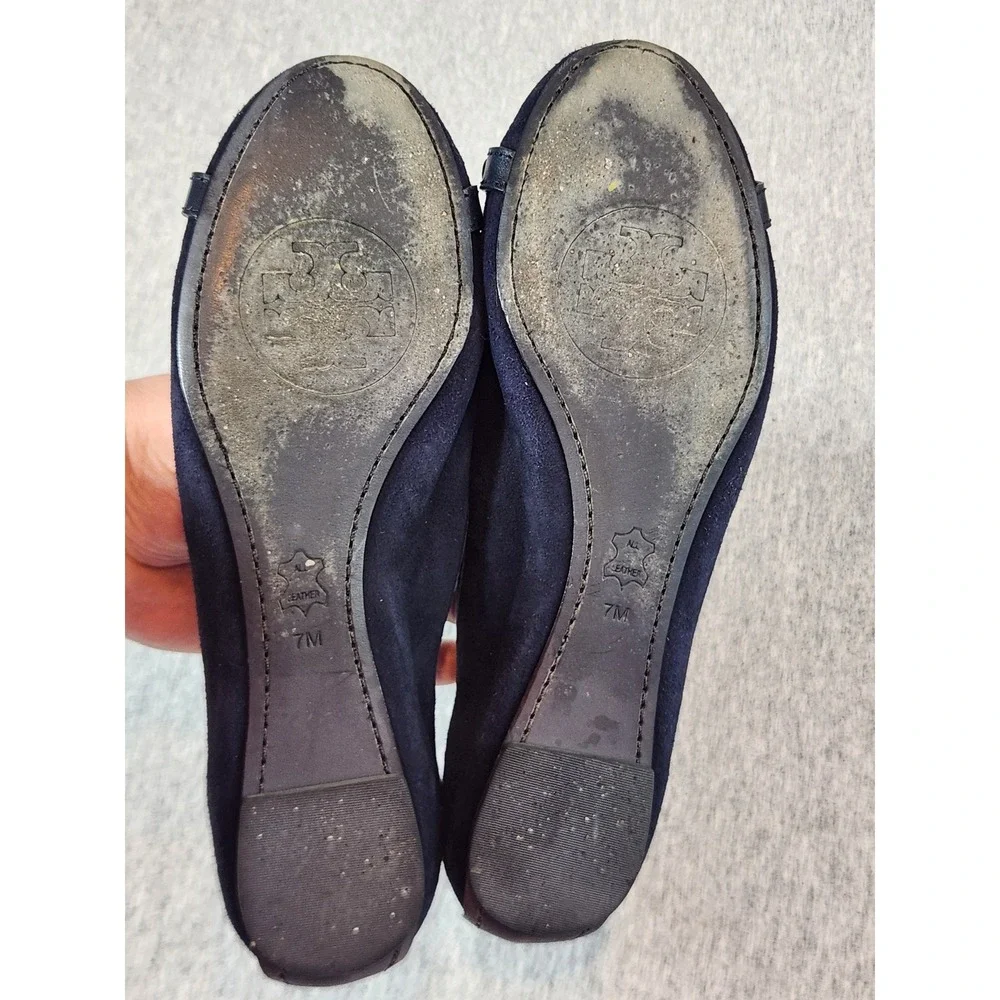 Tory Burch Reva Ballet Flats Womens 7M Navy Blue Suede Logo Medallion